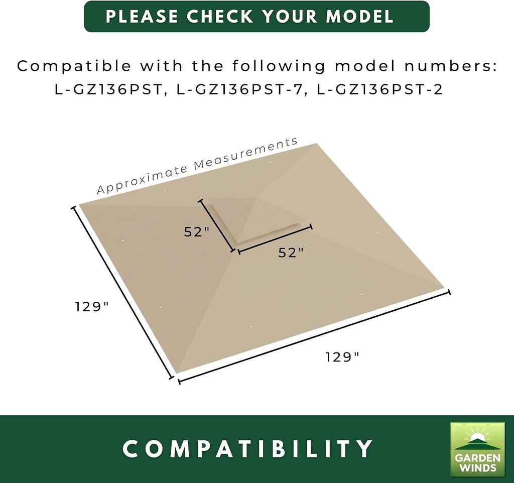 Garden Winds Reinforced Replacement Canopy Top Cover Compatible with The L-GZ136PST and L-GZ136PST-2 Madaga 10' x 10' Gazebo - Classic Sand, Riplock 350