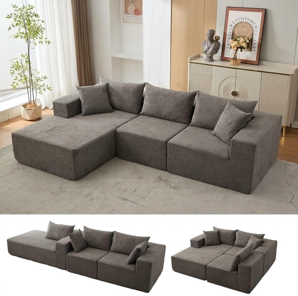 Garvee 108' Modular Sectional Sofa,Cloud Couch Sectional with Left Chaise | Compressed l Shaped Sofa for Living Room | Boneless Couch & Sofa Bed Design,No Assembly Required, Gray