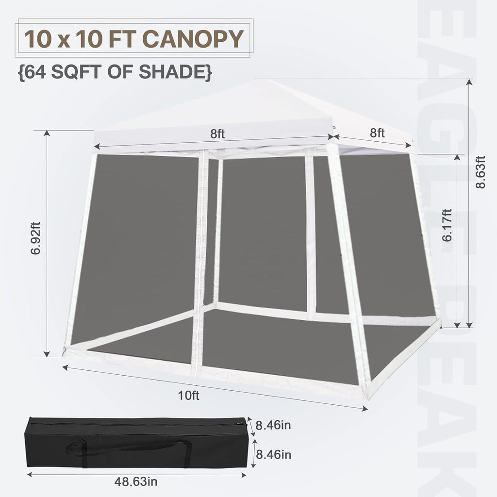 COOS BAY 10x10 Pop Up Canopy Tent with Screen Netting, Slant Leg Canopy with UPF 50+ UV Protection, 64 Sq Ft Shade, One Person Setup with Carry Bag, White