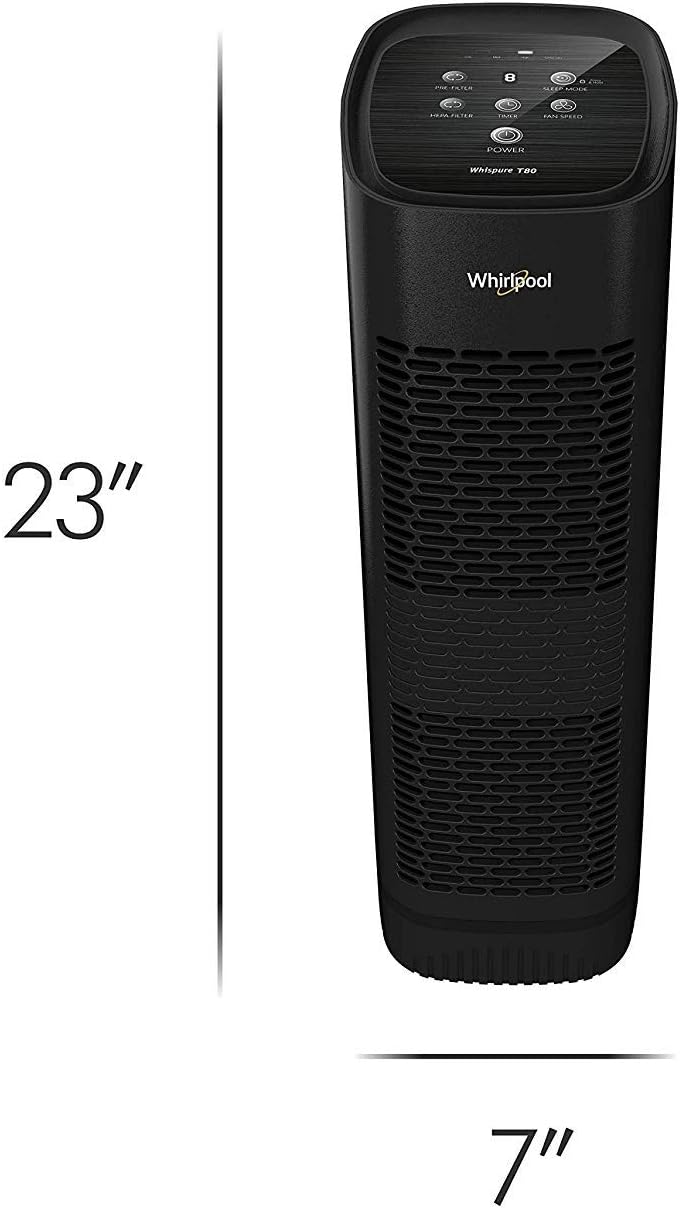 Whirlpool, WPT80B Whispure True HEPA Air Purifier, Activated Carbon Advanced Anti-Bacteria, Ideal for Allergies, Odors, Pet Dander, Mold, Smoke, Wildfire, and Germs, Large, Black