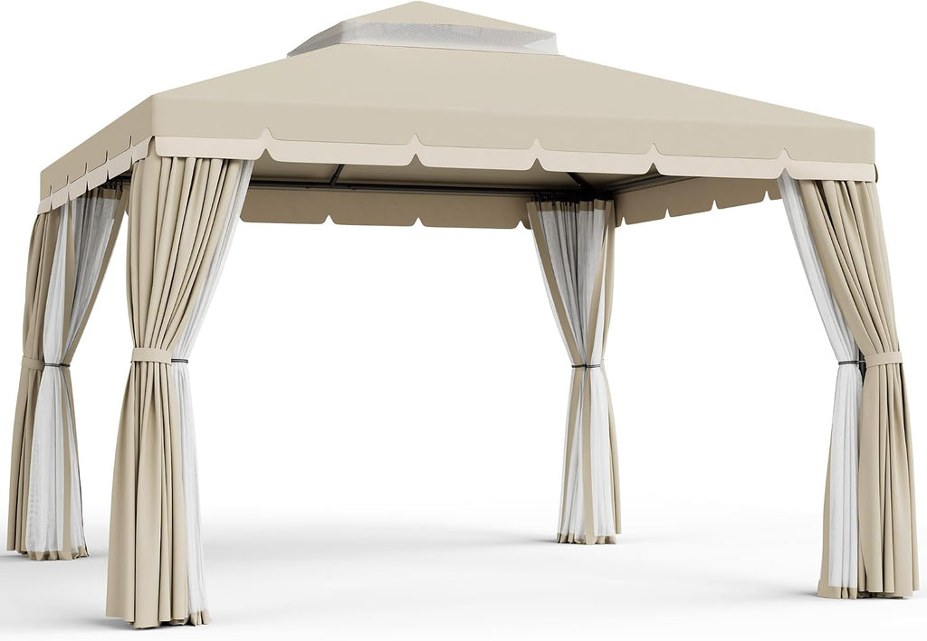 Incbruce Outdoor 10x10 FT Garden Gazebo, Steel Vented Double Roof Patios Canopy, Outside Gazebo with Mosquito Netting for Backyard, Lawns, Party (Beige)