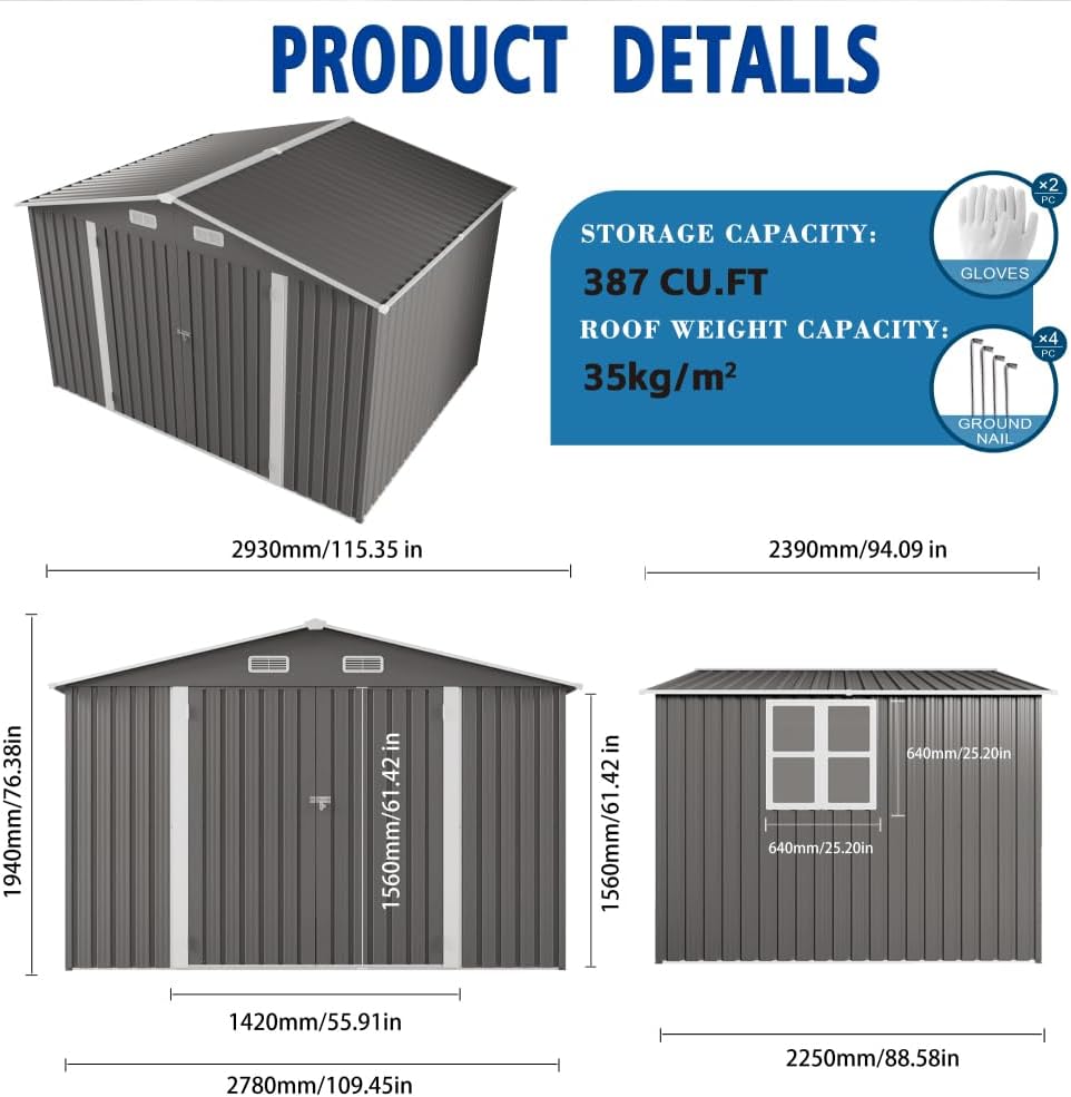 10 x 8 FT Outdoor Storage Shed with Lockable Doors, Metal Garden Tool Shed with Air Vent & Clear Window, Large Utility Storage for Lawn Equipment, Bicycles, Patio & Backyard - Gray
