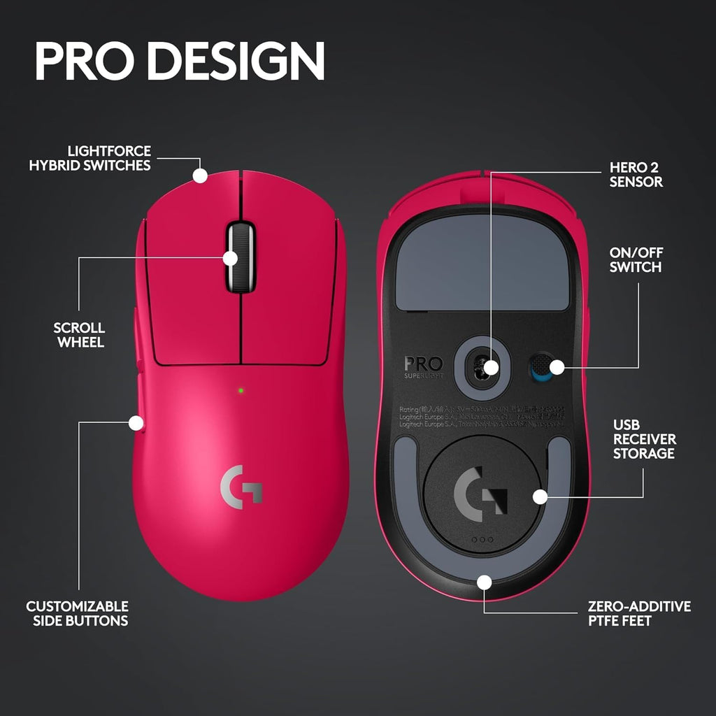 Logitech G PRO X Superlight 2 Lightspeed Wireless Gaming Mouse, Lightweight, LIGHTFORCE Hybrid Switches, Hero 2 Sensor, 32,000 DPI, 5 Programmable Buttons, USB-C Charging, PC & Mac - Magenta (Renewed)