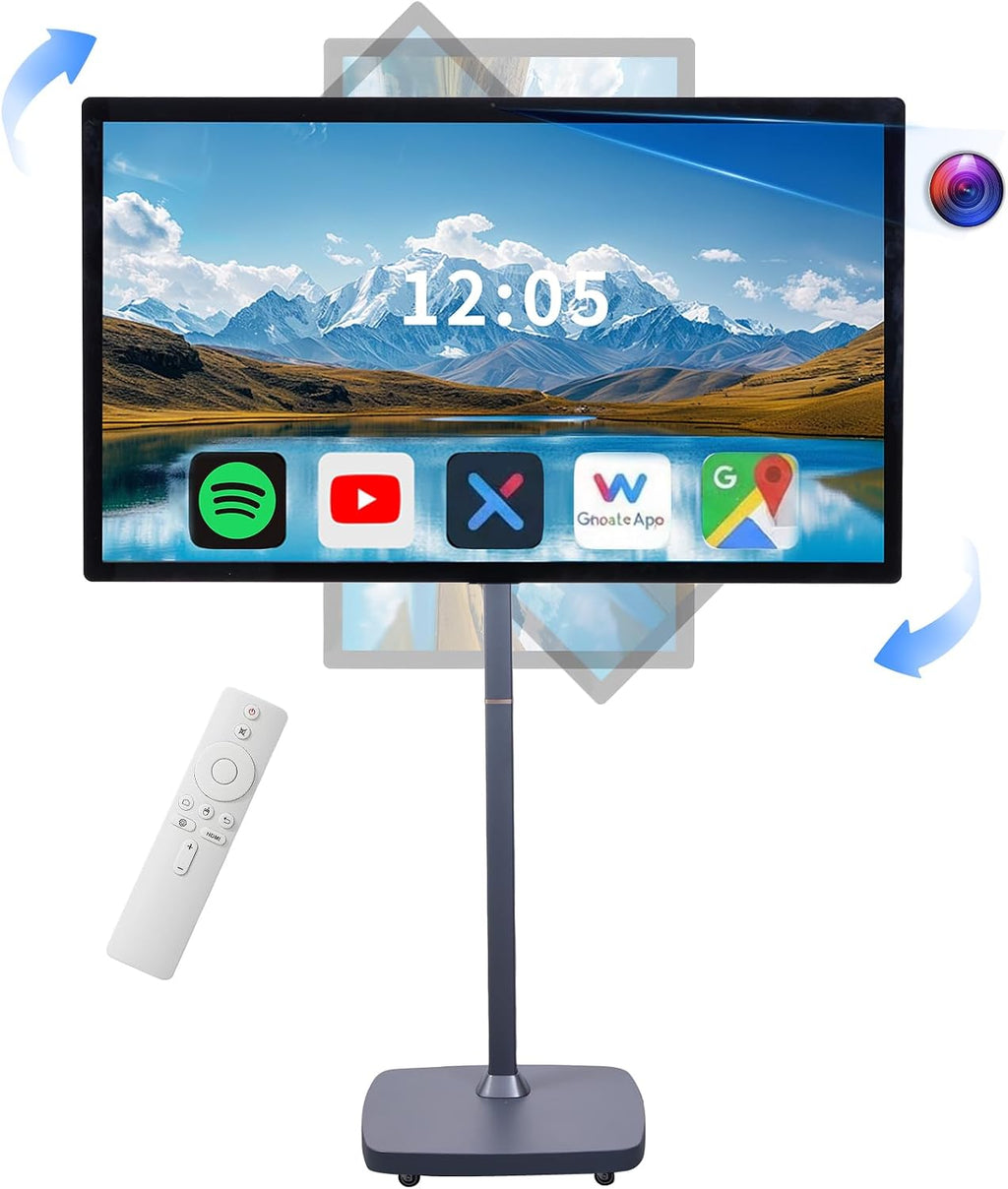 32 Inch Smart Portable TV on Wheels,FHD Touch-Screen-Monitor,Wireless RollableTV, 8G RAM,128G Storage,Built-in 6-8H Battery,Android 14,Full Swivel Rotation,Remote Control (Grey)