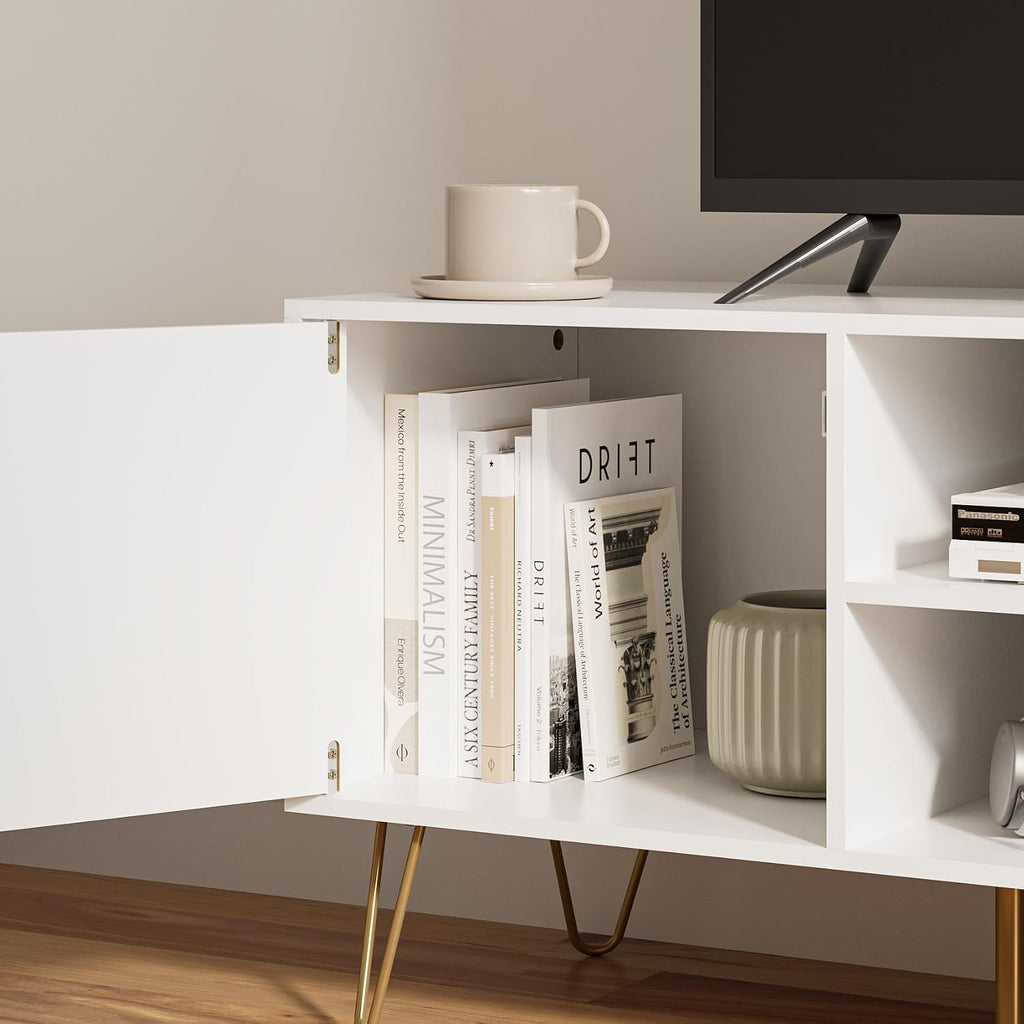 TV Stand for 55-65 Inch TV, Entertainment Center with Soft Hinge Door,TV Console Table with 2 Cabinets with Gold Handle and Feet,for Living Room, Bedroom, White
