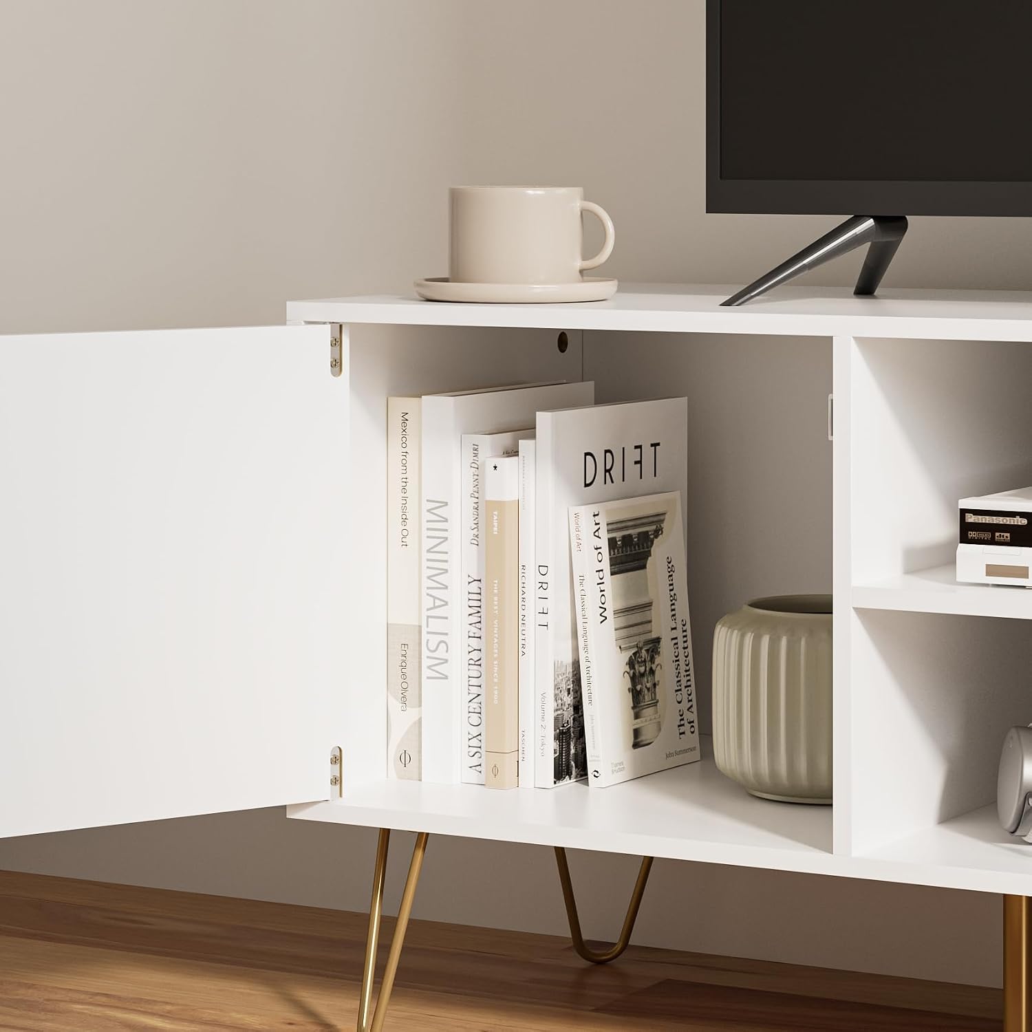 TV Stand for 55-65 Inch TV, Entertainment Center with Soft Hinge Door,TV Console Table with 2 Cabinets with Gold Handle and Feet,for Living Room, Bedroom, White