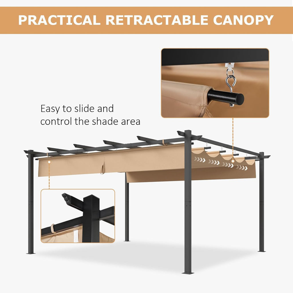 Spacious 12' x 14' Hardtop Pergola with Adjustable Roof – Durable Metal Frame with Brown Shade Canopy for Patio, Garden & Backyard