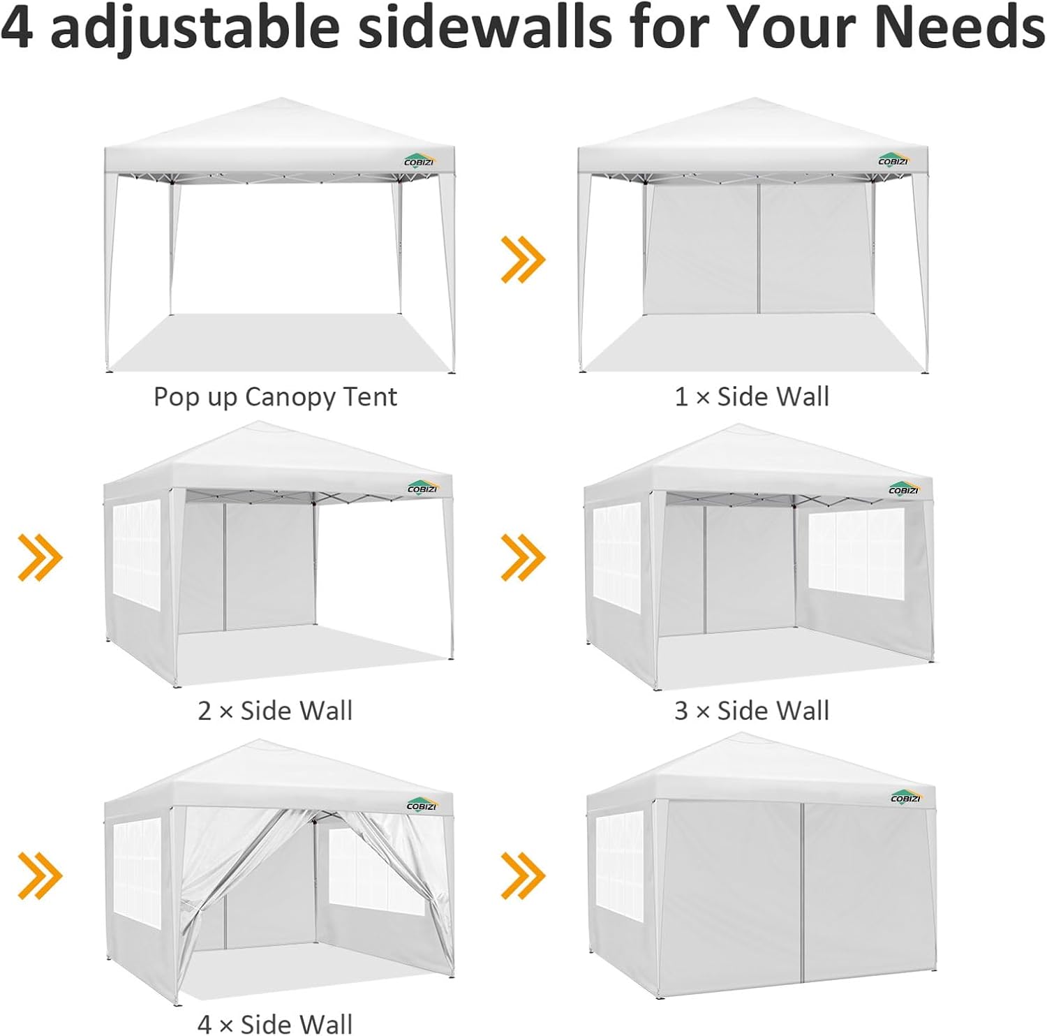 COBIZI 10x10 Pop Up Canopy Tent with 4 Sidewalls Party Tents for Parties Weddings Backyard Waterproof Commercial Instant Outdoor Events Tent with Stakes, Ropes（10 x 10 ft White