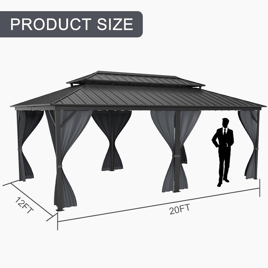 12'x20' Hardtop Gazebo - Heavy Duty Galvanized Steel Frame with Double Roof, Includes Netting & Curtains for Patio/Backyard (Gray)