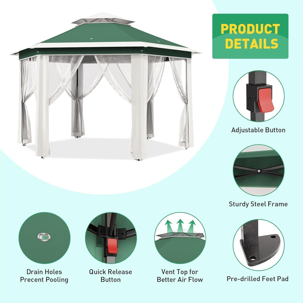 13'x13' Pop-Up Gazebo, 6 Sided Instant Canopy Gazebo with Mosquito Net, Double Roof, Mesh Windows & Portable Carry Bag, 3 Level Adjustable Height Canopy Pergola for Backyard, Garden, Lawn