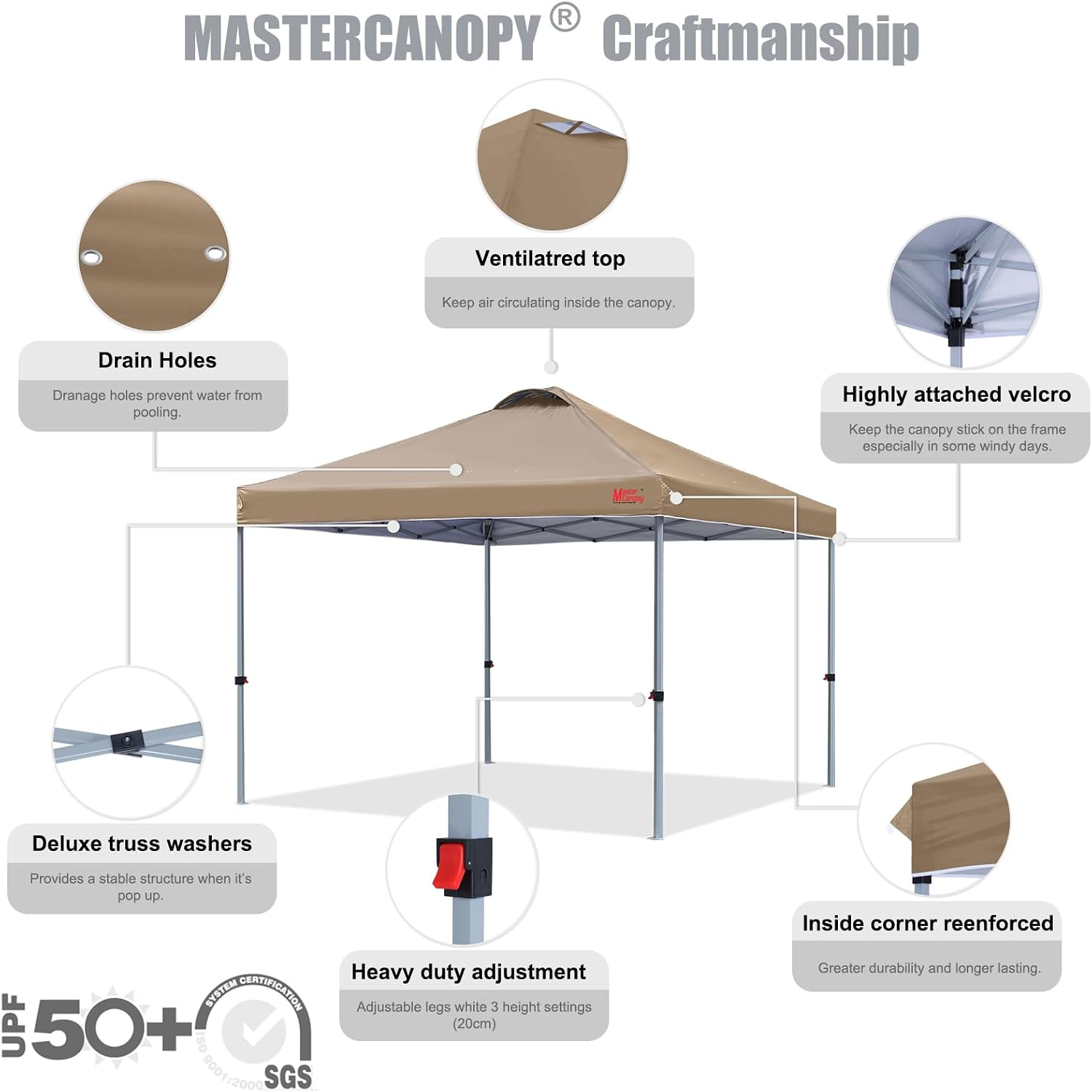 MASTERCANOPY Durable Pop-up Canopy Tent with Roller Bag (8x8, Khaki)