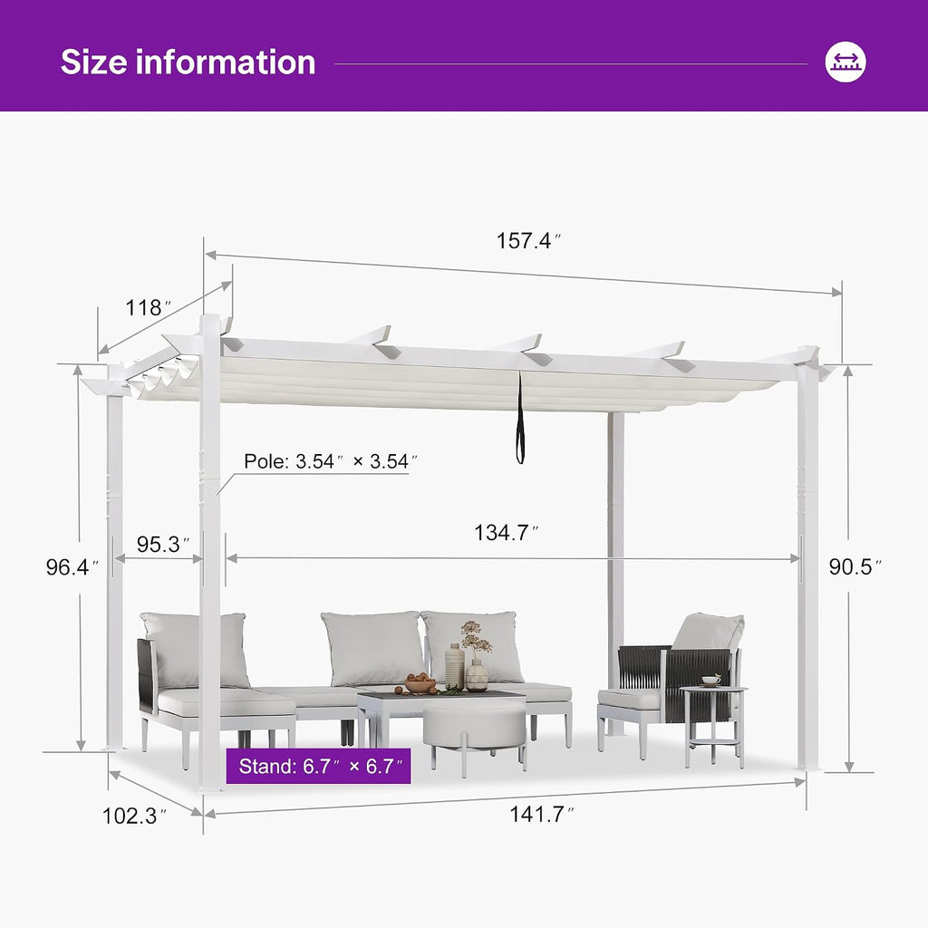PURPLE LEAF 10' x 13' Aluminum Outdoor Pergola White Retractable Pergola with Double Sun Shade Canopy Wind-Resistant Heavy-Duty Metal Pergola for Patios Deck Backyard Garden, White