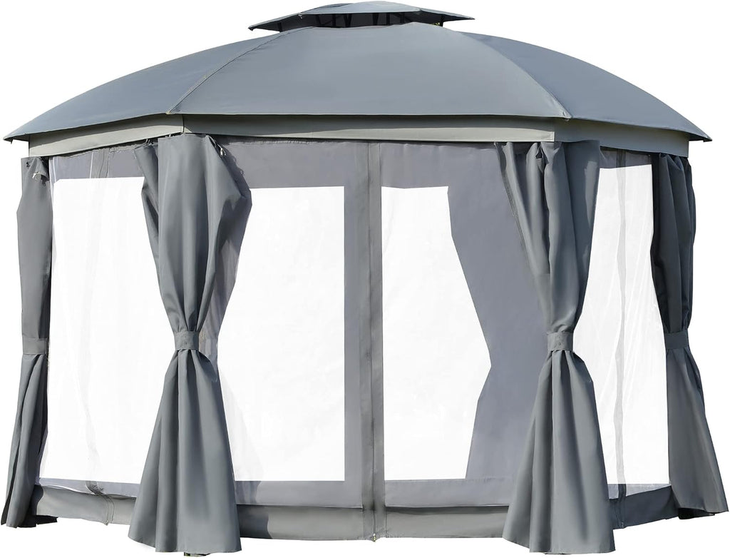 Outsunny 12' x 12' Round Outdoor Gazebo, Patio Dome Gazebo Canopy Shelter with Double Roof, Netting Sidewalls and Curtains, Zippered Doors, Strong Steel Frame, Grey
