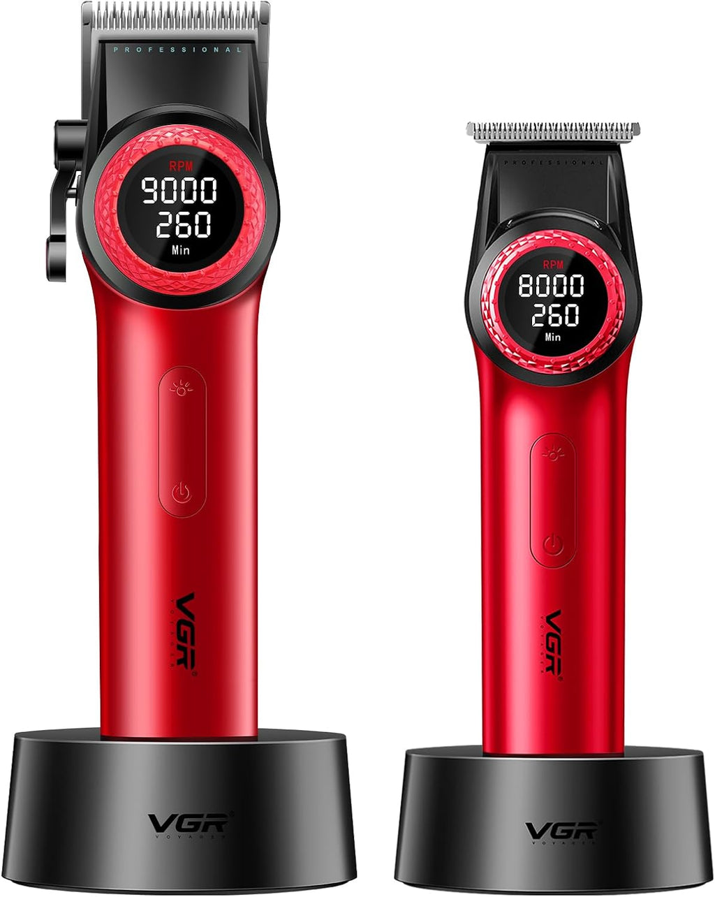 VGR 001 & 977 Professional Hair Clippers for Men, Cordless Barber Clippers and Zero Gap Trimmers Set, DLC Coating Blade Hair Cutting Kit with LED Display, USB Rechargeable Barber Set(Red)