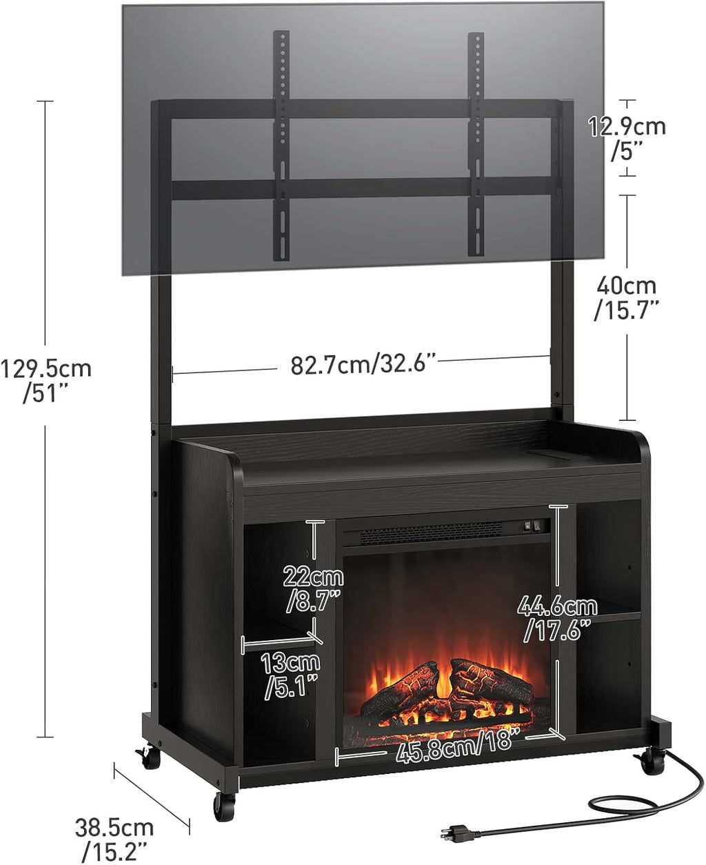 RALGEND Fireplace TV Stand with Mount for 45/55/60/65/75 inch TVs, Corner Entertainment Center with Power Outlet and 18' Electric Fireplace, Height Adjustable TV Console for Living Room Bedroom, Black