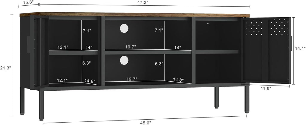 Manhattan Comfort Landen 47' Modern Metal TV Stand with Storage Cabinets & Open Shelves, Holds Up to 40' Screen, TV Console with Natural Wood Top, Cable Management, Adjustable Legs, Black