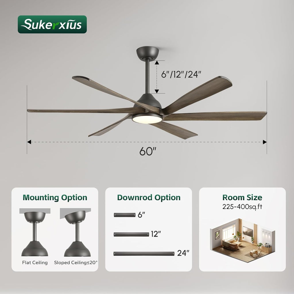 60 Inch Outdoor Ceiling Fan with Light and Remote, Rustic Farmhouse Smart Ceiling Fans with WiFi App/Alexa Voice Control, 6 Solid Wood Blades, Quiet Reversible DC Motor, Damp Rated for Covered Patio