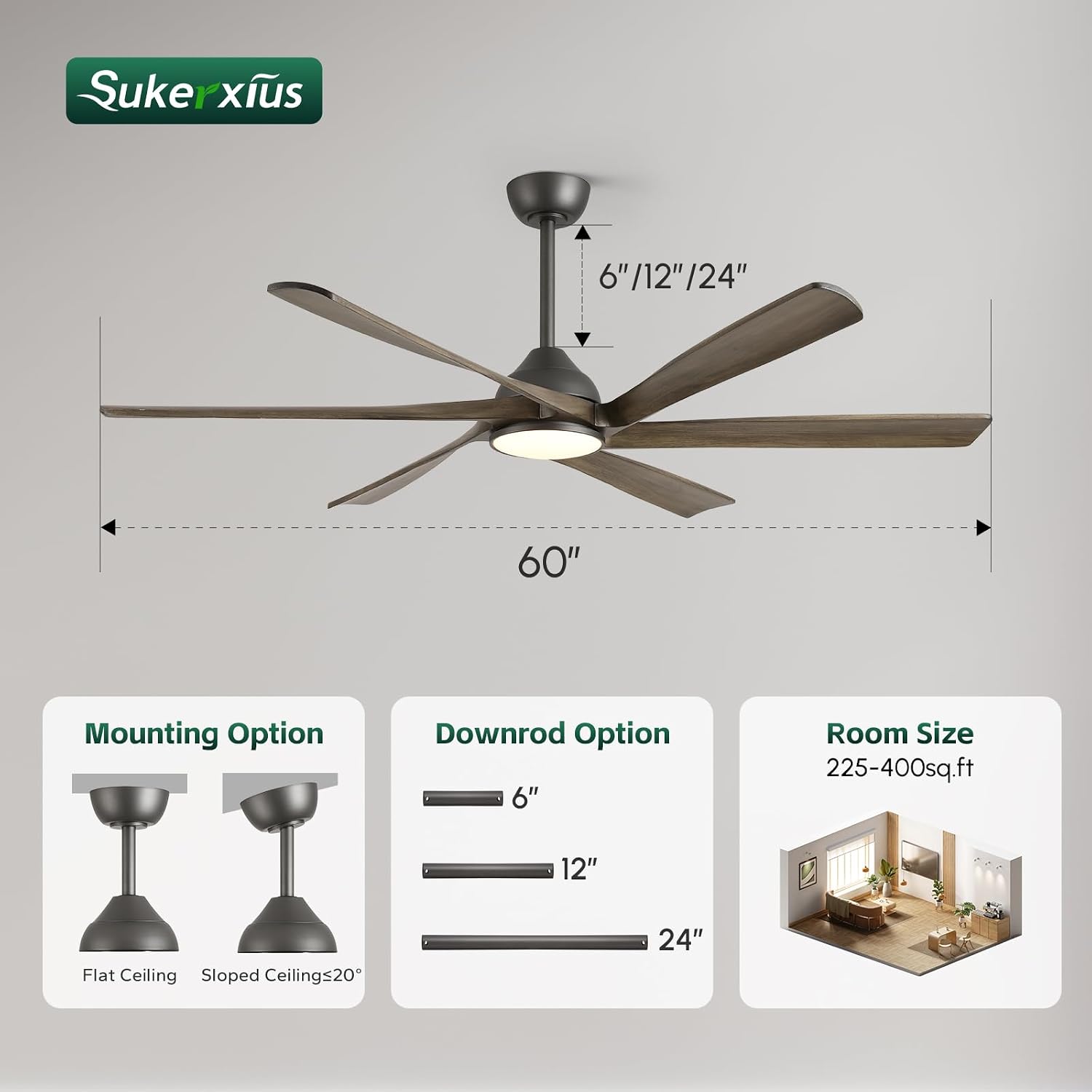 60 Inch Outdoor Ceiling Fan with Light and Remote, Rustic Farmhouse Smart Ceiling Fans with WiFi App/Alexa Voice Control, 6 Solid Wood Blades, Quiet Reversible DC Motor, Damp Rated for Covered Patio