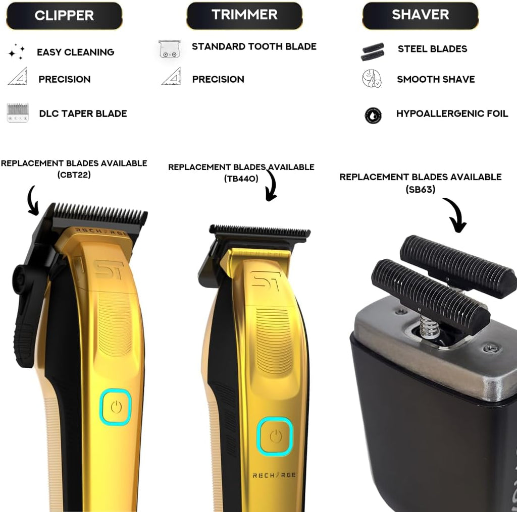 Supreme Trimmer 3-in-1 Recharge Hair Clipper, Beard Trimmer & Crunch Foil Shaver Combo | Removable Batteries, Smart USB Charging Base, Master Barber Set | STB775 + STF602