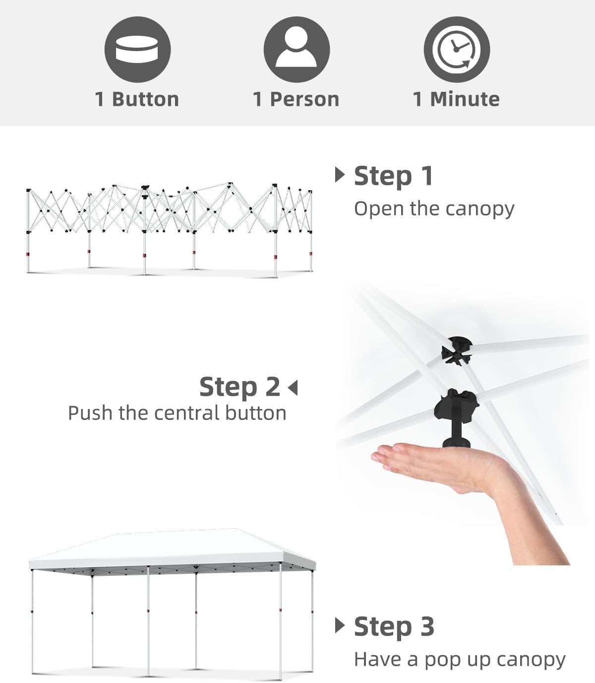 10x20 Pop Up Canopy Tent，Gazebos One-Button Instant Setup, Heavy-Duty 210D Oxford Fabric & Rust-Proof Frame - 3 Adjustable Heights, Roller Bag, 4 Sandbags - UV Protection for Beach, Party