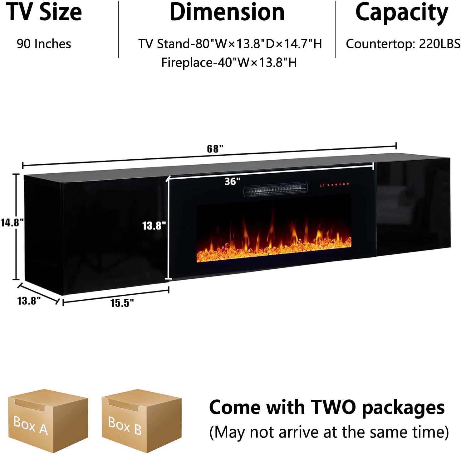 AMERLIFE Floating TV Stand with 36' Electric Fireplace, High Gloss Finish Wall Mounted Fireplace Entertainment Center with Storage for TVs Up to 78', Black