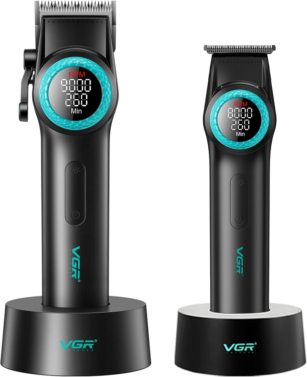 VGR 001 & 977 Professional Hair Clippers for Men, Cordless Barber Clippers and Zero Gap Trimmers Set, DLC Coating Blade Hair Cutting Kit with LED Display, USB Rechargeable Barber Set(Black)