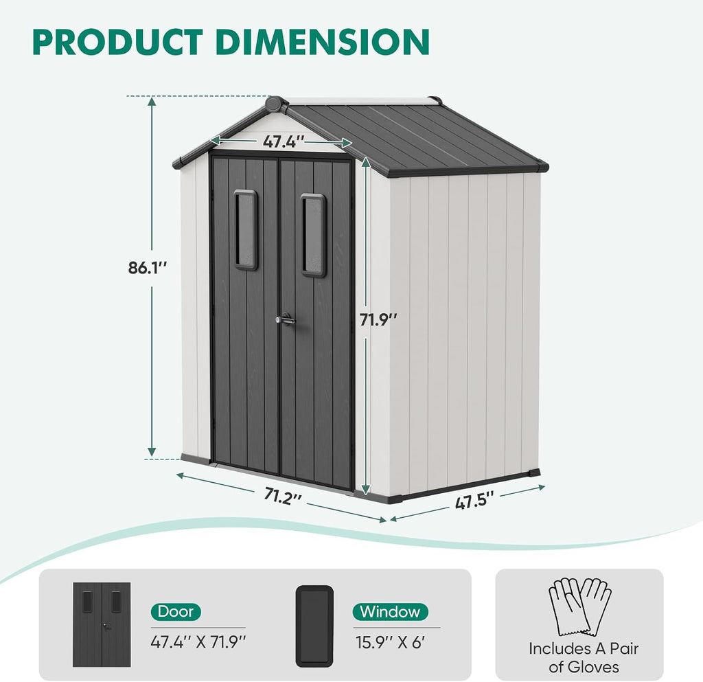 6x4 Outdoor Storage Shed with Floor, Heavy Duty Resin Tool Shed, Weather Resistant Garden Storage Building with Windows, White/Gray