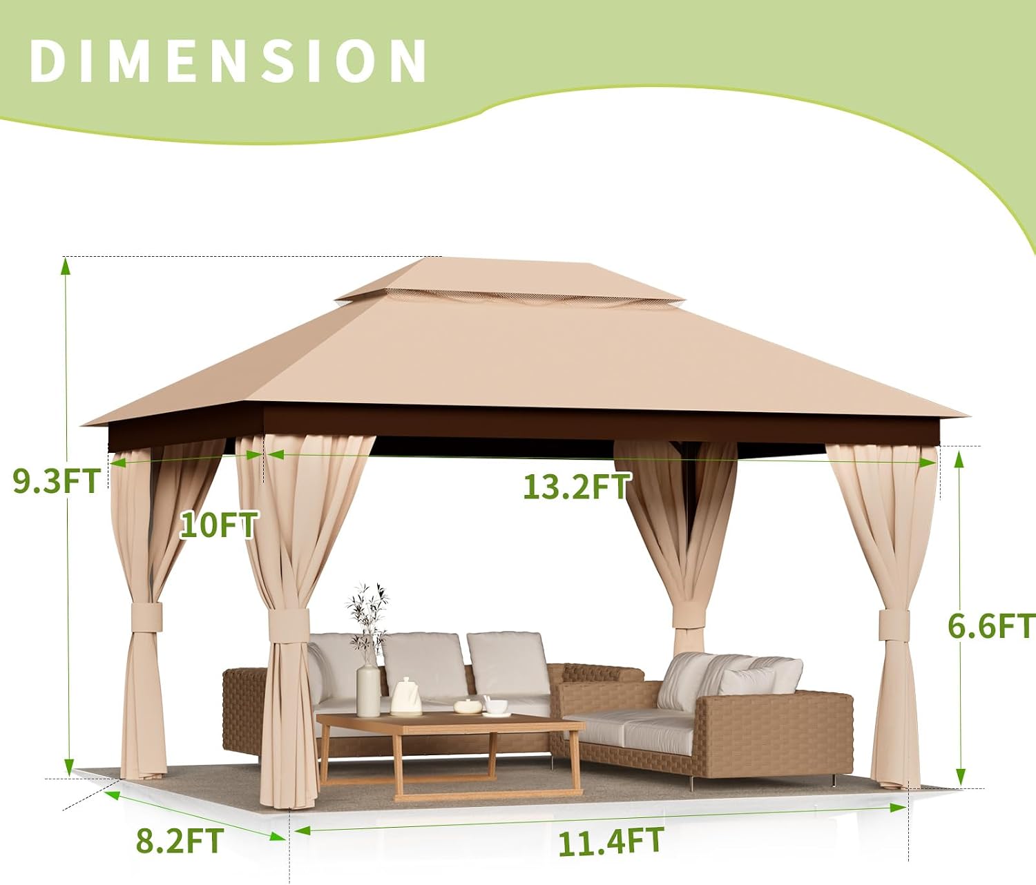 10'X13' Outdoor Patio Gazebo - Double Roofs Party Tent Gazebos with Mosquito Net and Privacy Screens Heavy Duty Steel for Backyard, Garden, Deck - Khaki