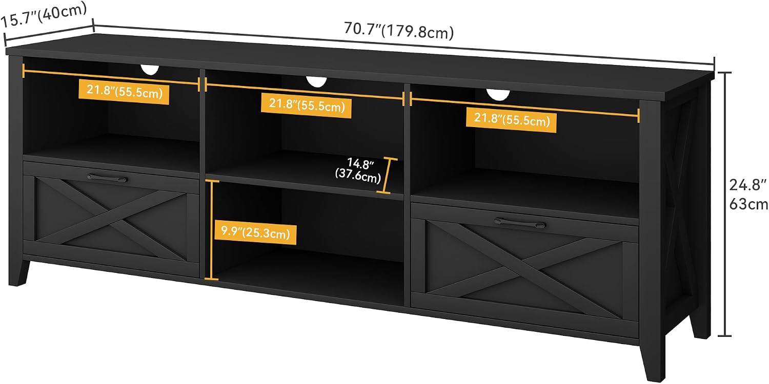 DWVO 70 Inch Farmhouse TV Stand with LED Lighting, Fits TVs up to 80 Inches, Media Console with Storage and Customizable Divider, Entertainment Center for Living Room (Black)