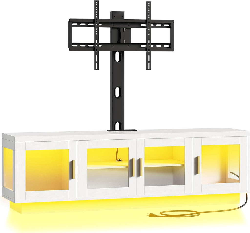 RALGEND TV Stand with Mount and Power Outlet, Swivel TV Stand Mount with LED Lights for 32/45/55/60/65/70/75 inch TVs, Entertainment Center Media Console with Height Adjustable Mount, White and Black