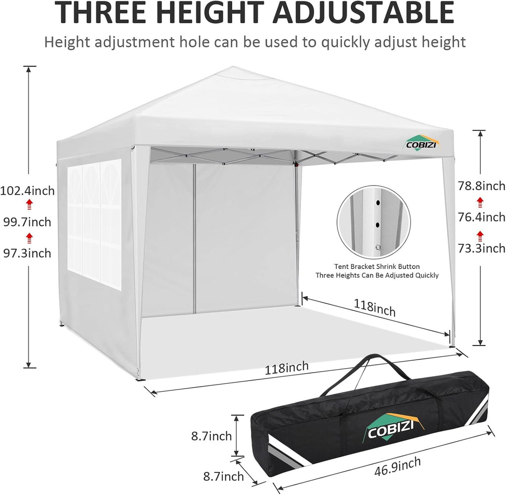COBIZI 10x10 Pop Up Canopy Tent with 4 Sidewalls Party Tents for Parties Weddings Backyard Waterproof Commercial Instant Outdoor Events Tent with Stakes, Ropes（10 x 10 ft White