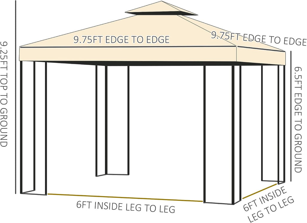Outsunny 10' x 10' Metal Patio Gazebo, Double Roof Outdoor Gazebo Canopy Shelter with Tree Motifs Corner Frame and Netting, for Garden, Lawn, Backyard, and Deck, Beige