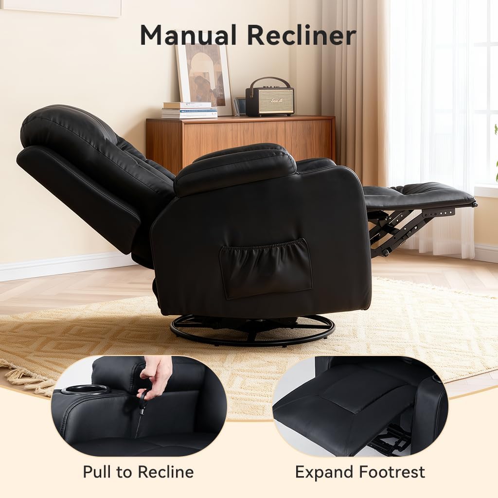 COMHOMA Living Room Furniture Set,Faux Leather Manual Recliner Sofa Sets with Cup Holders,Reclining Couch,Loveseat and Armchair,3+1,Black