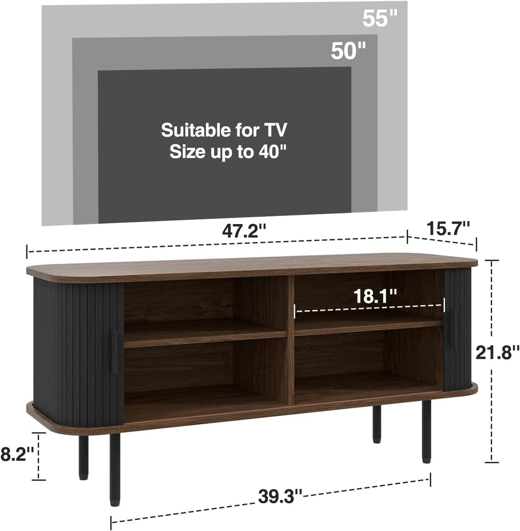 47' Modern Fluted TV Stand for TVs up to 60 Inch , Gaming Entertainment Center with Tambour Slatted Sliding Doors and Storage Cabinet, Media TV Consoles Table for Living Room, Office, Black