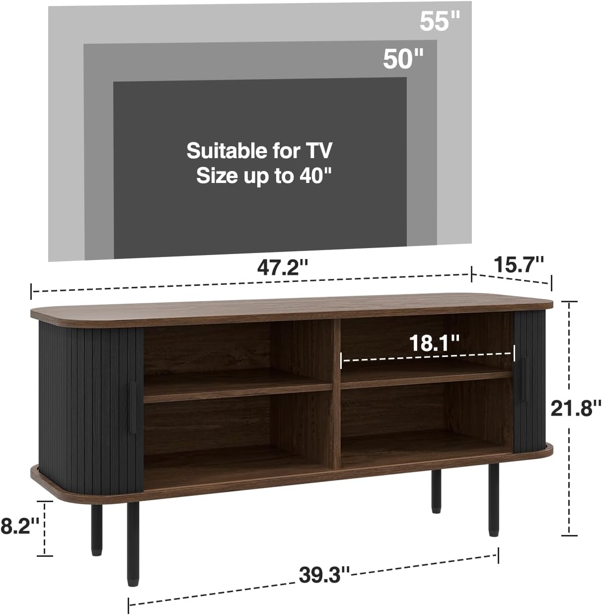 47' Modern Fluted TV Stand for TVs up to 60 Inch , Gaming Entertainment Center with Tambour Slatted Sliding Doors and Storage Cabinet, Media TV Consoles Table for Living Room, Office, Black