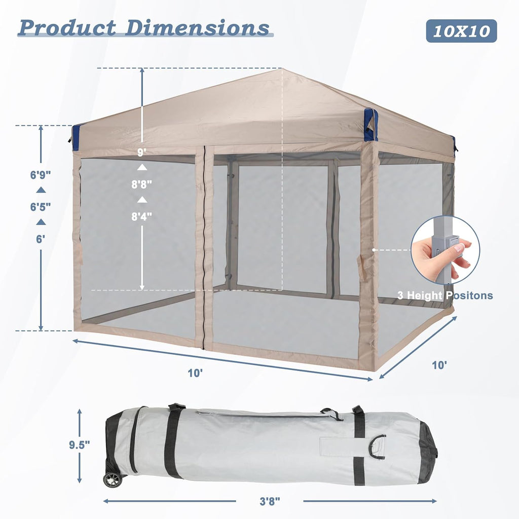Aoodor 10x10 Ft Pop Up Canopy Tent with Netting, Water-Resistant 210D Oxford Fabric Shade, Easy Assembly Commercial Gazebo with Wheeled Carry Bag & 4 Sand Bags for Camping, Party, Khaki