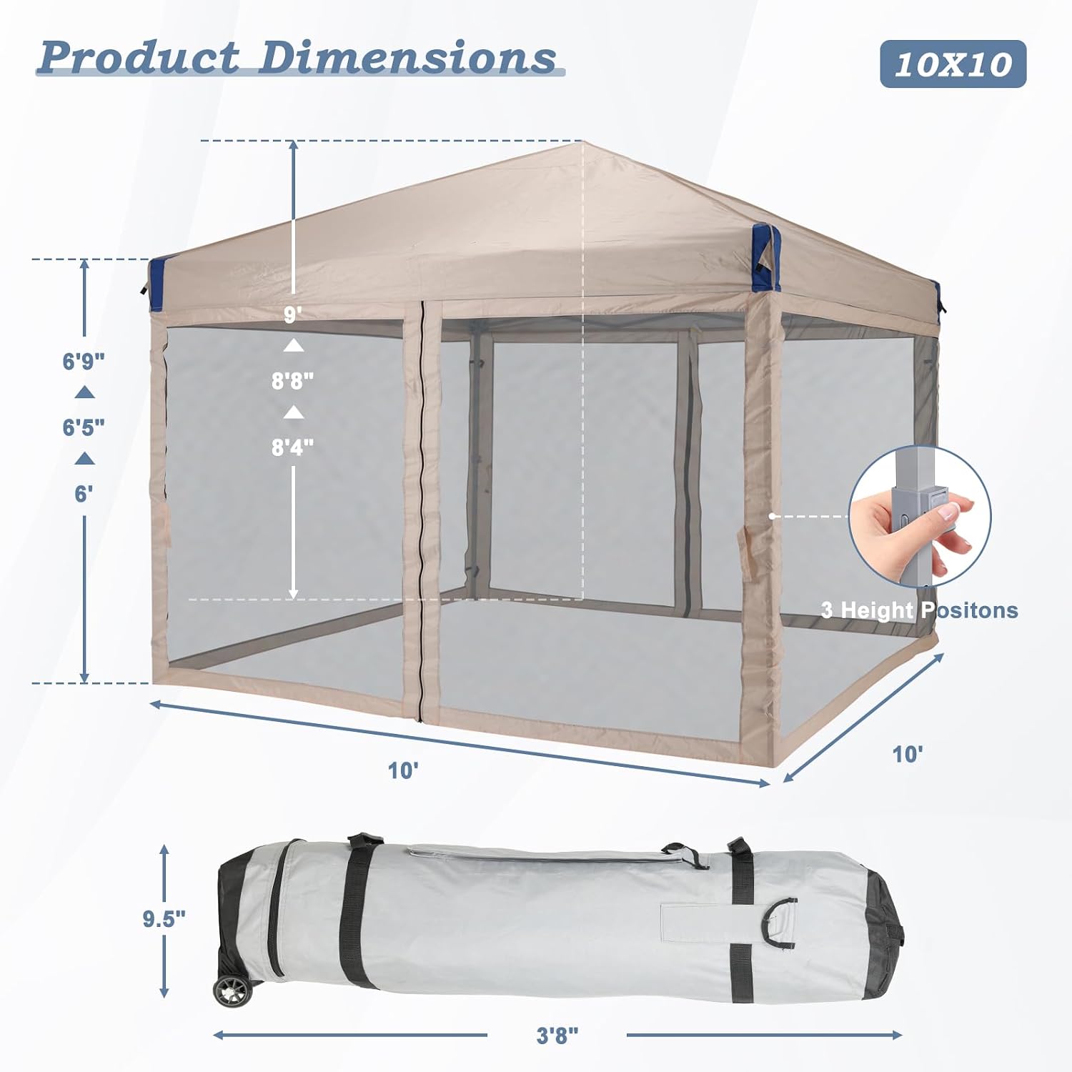 Aoodor 10x10 Ft Pop Up Canopy Tent with Netting, Water-Resistant 210D Oxford Fabric Shade, Easy Assembly Commercial Gazebo with Wheeled Carry Bag & 4 Sand Bags for Camping, Party, Khaki