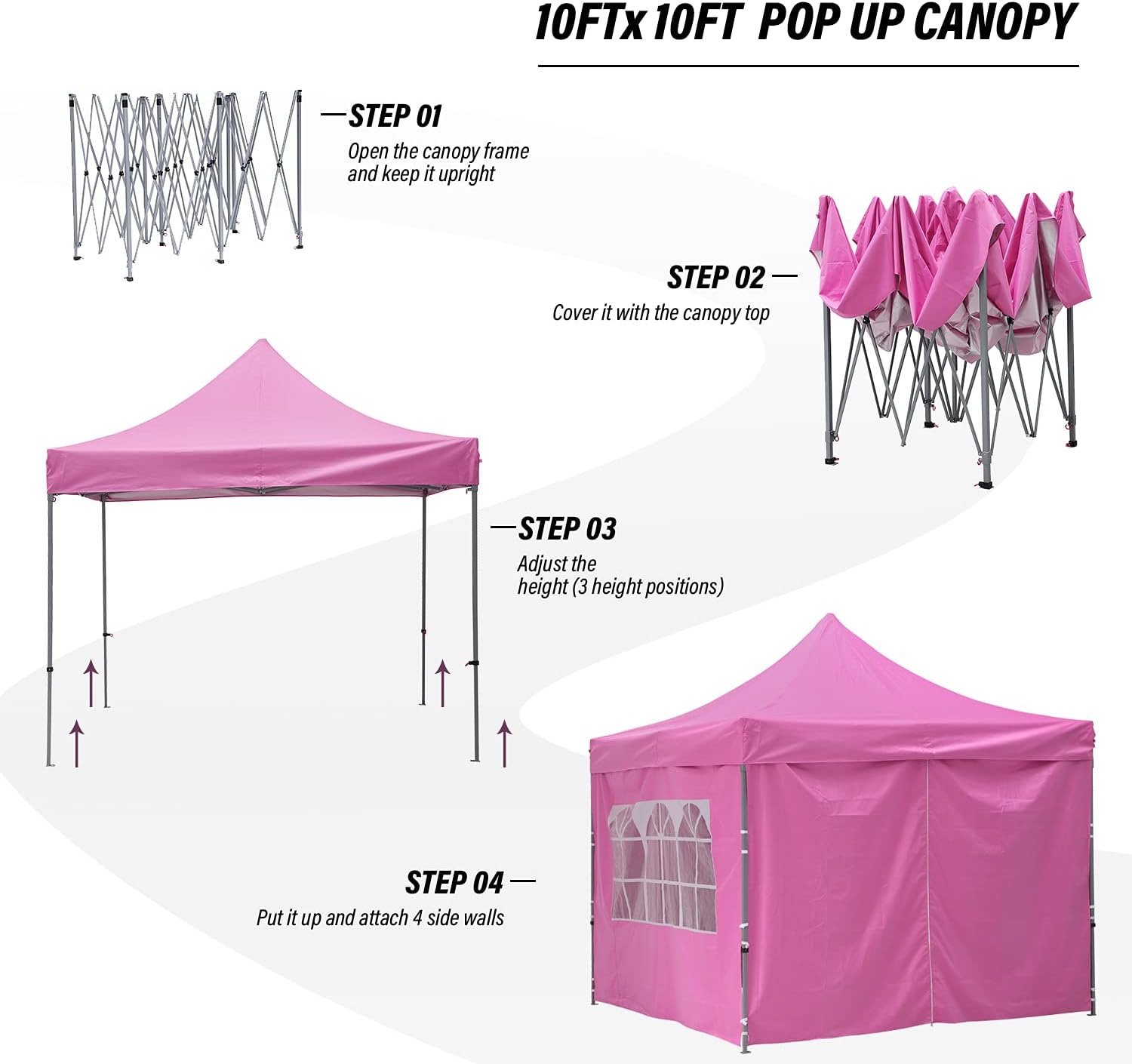 GDY 10x10 Easy Set Up Camping Canopy, Pop Up Tent with 4 Piece Sidewalls, Easy Up Canopy for Events, Parties, Gatherings, Camping, Pink.