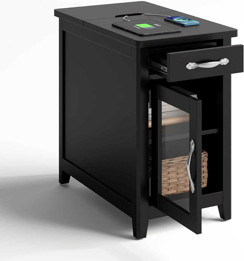 LINSY HOME End Table Set of 2 with Charging Station, Modern Farmhouse Side Table with Drawer, Wooden Narrow Bedside Table for Living Room, Slim Nightstand with Storage Cabinet, Black, Glass Door