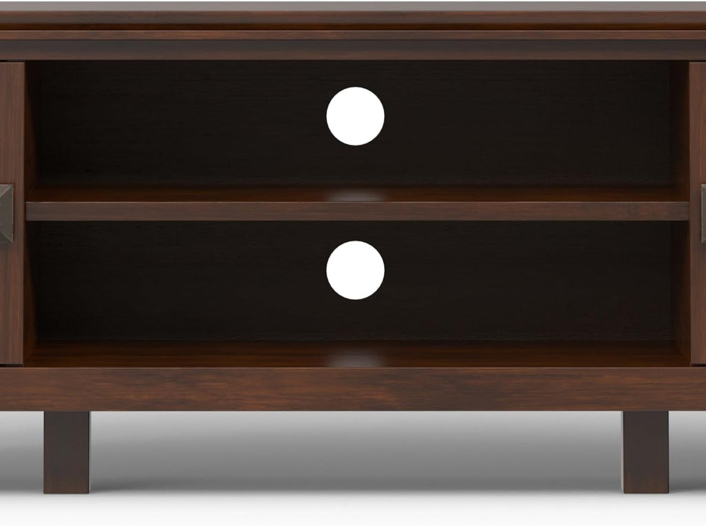 SIMPLIHOME Artisan TV Stand - 72 inch Wide Solid Wood Low Media Console in Russet Brown, Transitional Entertainment Center for Living Room for TVs up to 80 Inches with Shelves and Cable Management