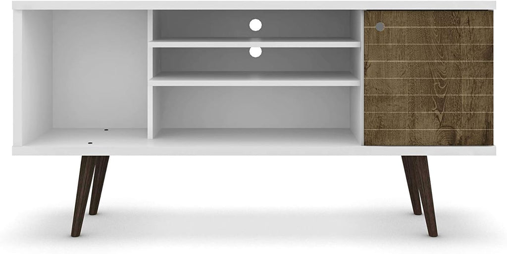 Manhattan Comfort Liberty Mid Century Modern TV Stand for Televisions up to 50 Inches, Bedroom and Living Room Entertainment Center with Storage, Shelves, and Cabinet, 53' Wide, White/Rustic