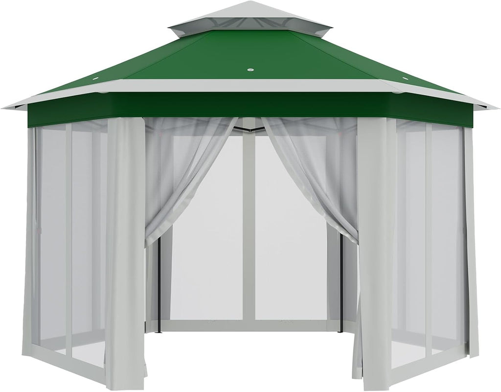 70.8'X70.8' Outdoor Patio Gazebo, Pop-Up Screen Tent with UV Protection & Mosquito Net, Waterproof Hardtop for Backyard, Camping, Easy Foldable Design(Green Beige)