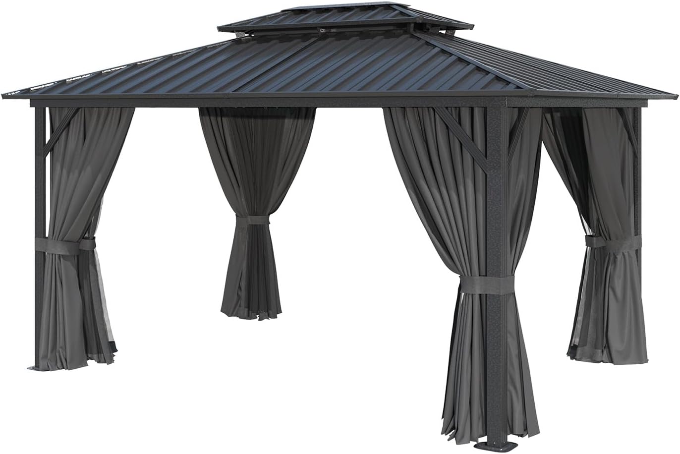10' x 12' Hardtop Gazebo, Aluminum Frame with Double Galvanized Steel Roof, Outdoor Metal Pavilion with Mosquito Netting and Curtains for Patio, Backyard, and Deck