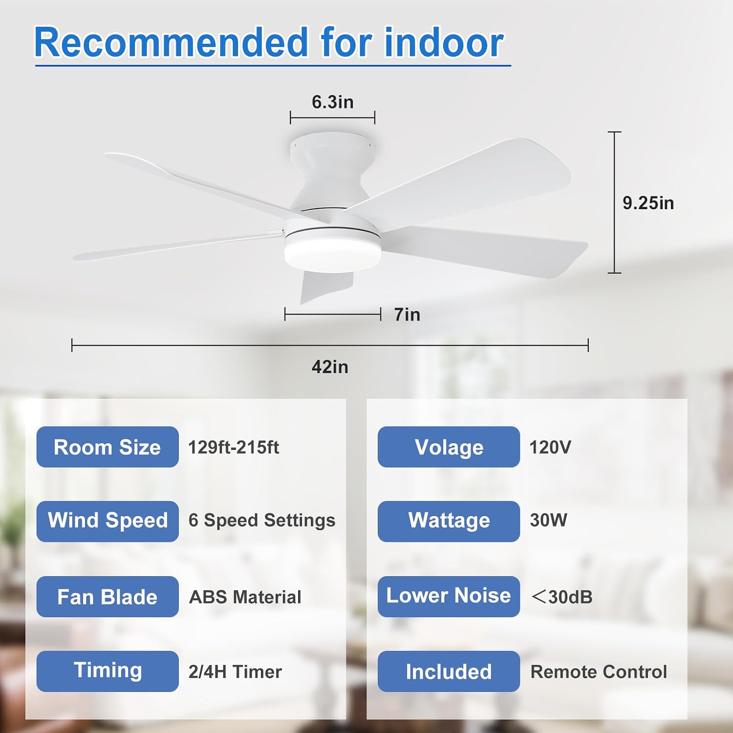 Depuley 42-Inch Ceiling Fans with Lights: Flush Mount Ceiling Fan with Remote Control Indoor/Outdoor - White 5 Blade Low Profile Fandelier for Kitchen Gazebo - Reversible Quiet Timer - 2 Packs