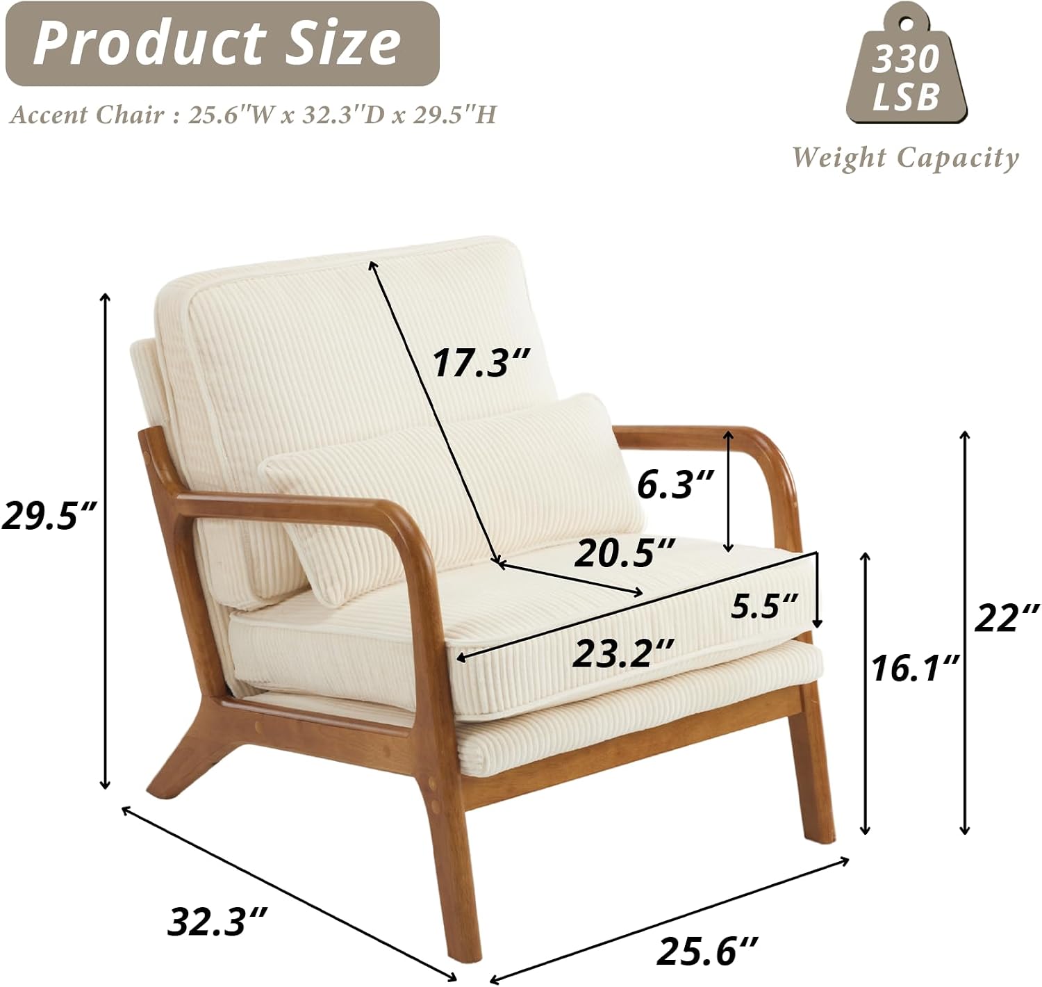 Karl home Mid-Century Modern Accent Chair, Living Room Chairs with Pillow Corduroy Upholstered Lounge Armchair with Solid Wood Frame & Soft Cushion for Bedroom, Reading Room, Beige