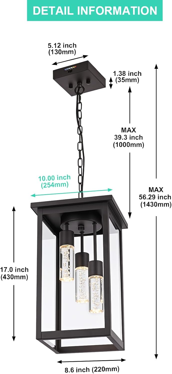 Yaohong 17' Large 5CCT LED Outdoor Pendant Light, 3-Lights Modern Oil Rubbed Bronze Hanging Ceiling Fixture with Acrylic Column & Clear Glass, Weatherproof Chandelier for Porch Gazebo Patio Entryway