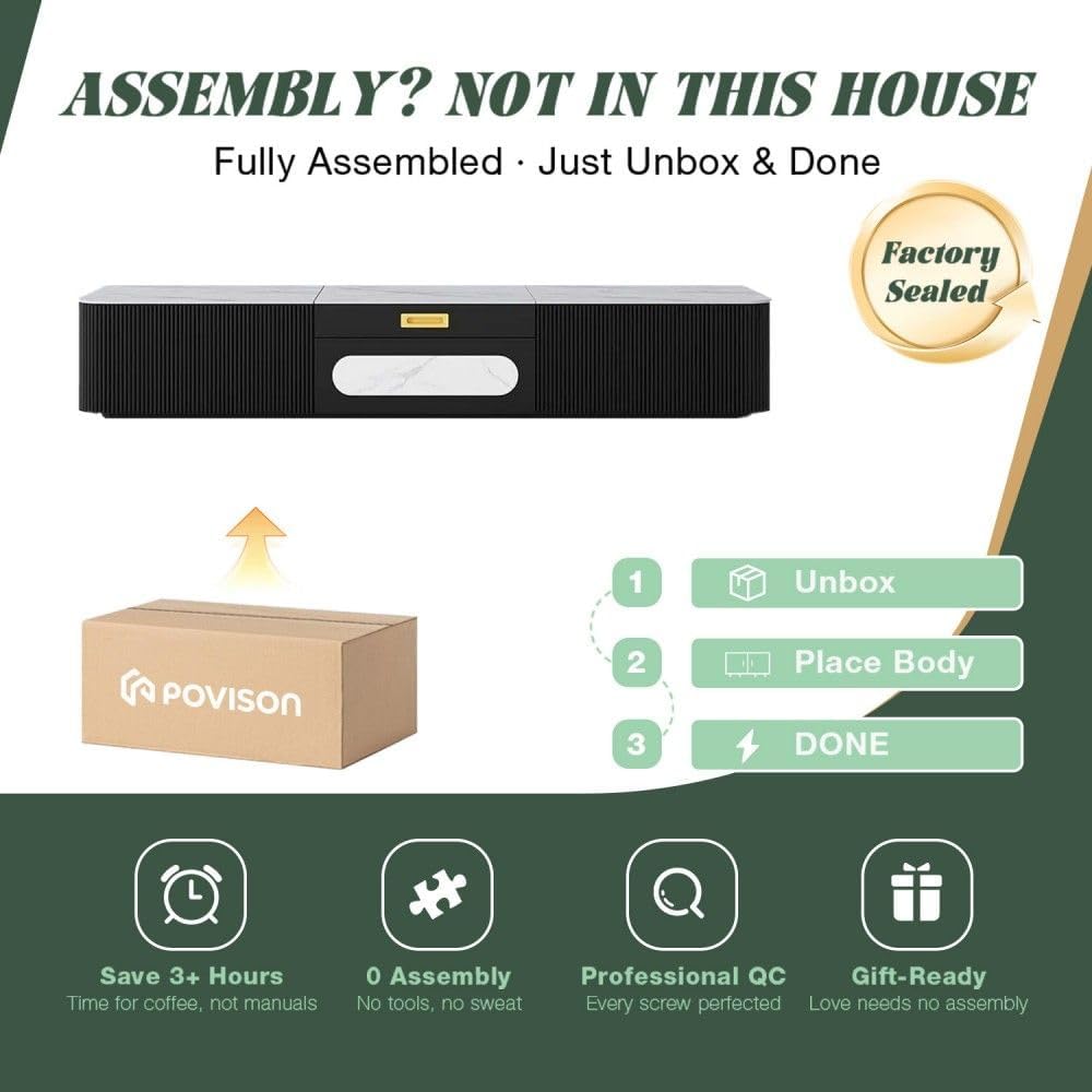 POVISON Fully-Assembled Modern TV Stand for Projector, Sintered Stone Entertainment Center with Storage for 75 inch TV, Wood TV Console, Media Console for Living Room Bedroom
