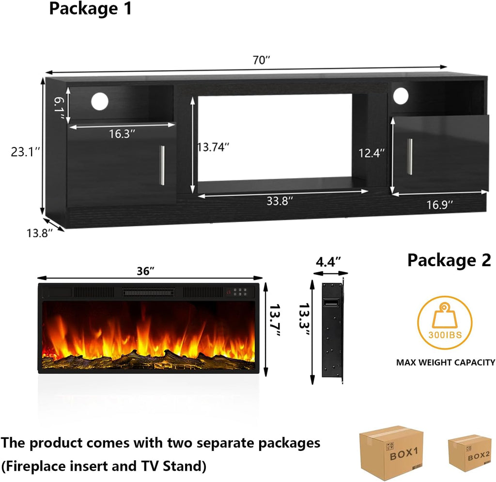 Tavata Fireplace TV Stand Entertainment Center with 36' Fireplace, 70' Wooden TV Stand for TVs Up to 80', Media TV Console with High Gloss Storage Cabinet and 16 Colors LED Lights (Black)