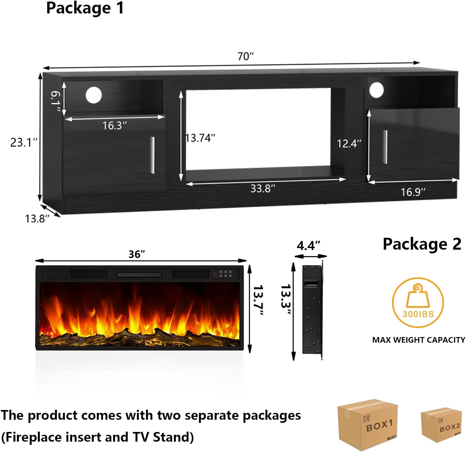 Tavata Fireplace TV Stand Entertainment Center with 36' Fireplace, 70' Wooden TV Stand for TVs Up to 80', Media TV Console with High Gloss Storage Cabinet and 16 Colors LED Lights (Black)
