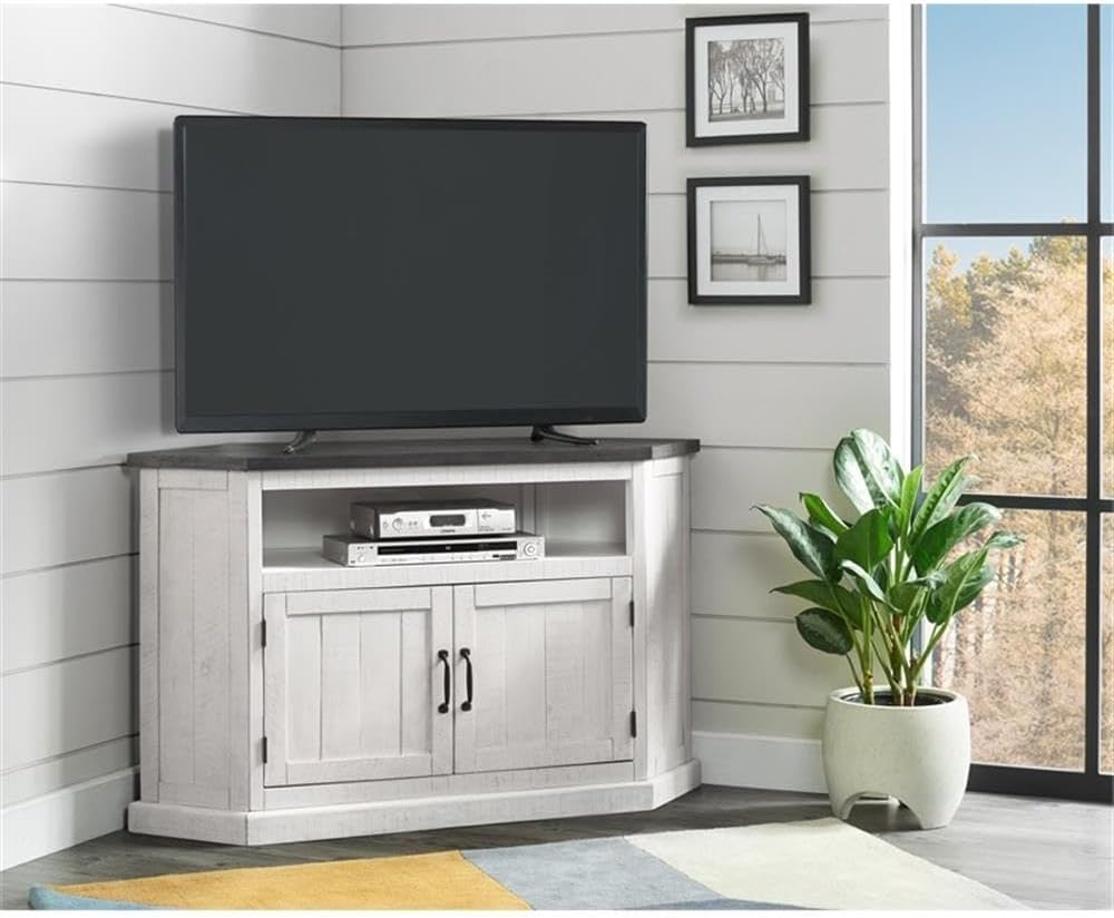 Martin Svensson Home Rustic Solid Wood Corner TV Stand - Entertainment Center White Stain with Grey Stain Top